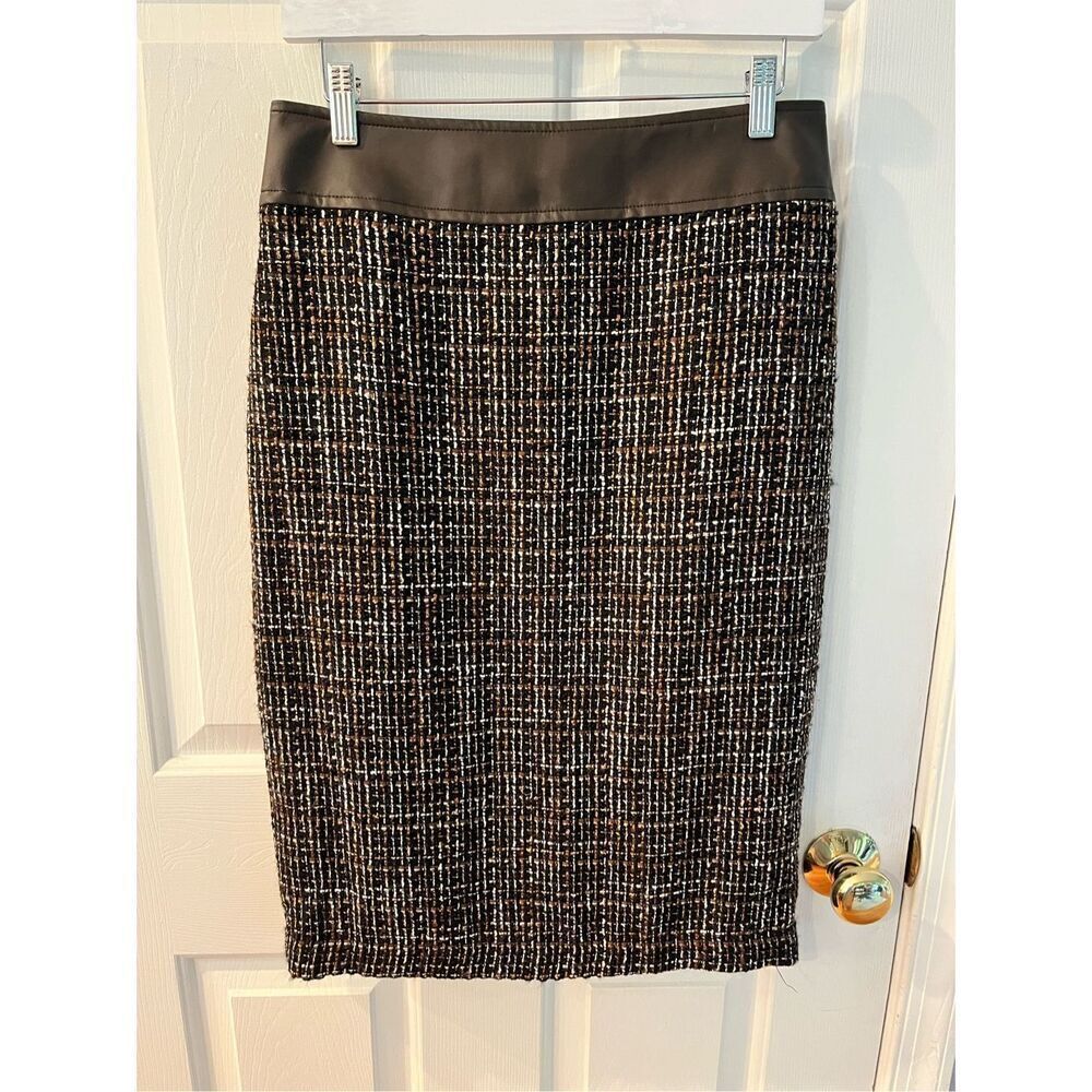J. McLaughlin Black Brown Maryl Tweed Leather Trimmed Midi Skirt sz 8 NWT